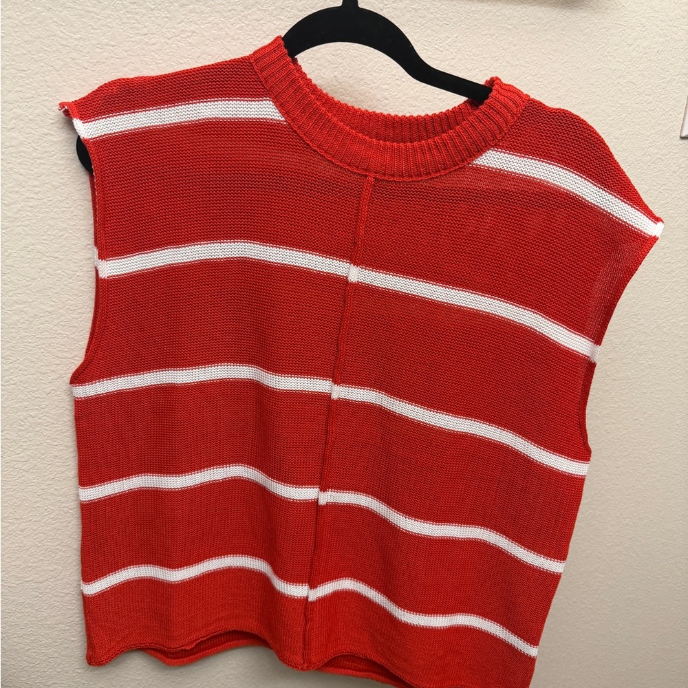Red and White Striped Sleeveless Sweater